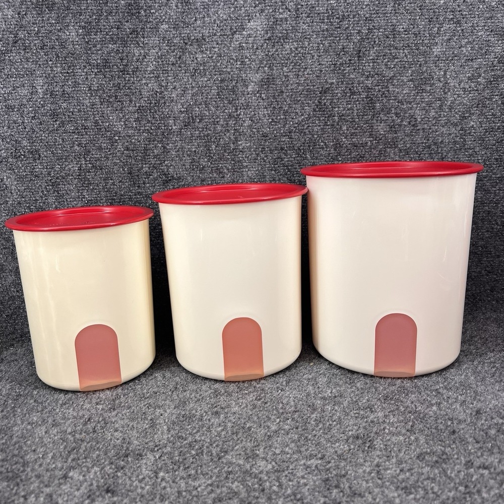 3 Tupperware Canisters One-Touch Reminder White Red Lids 2420D 2418B 2416B
